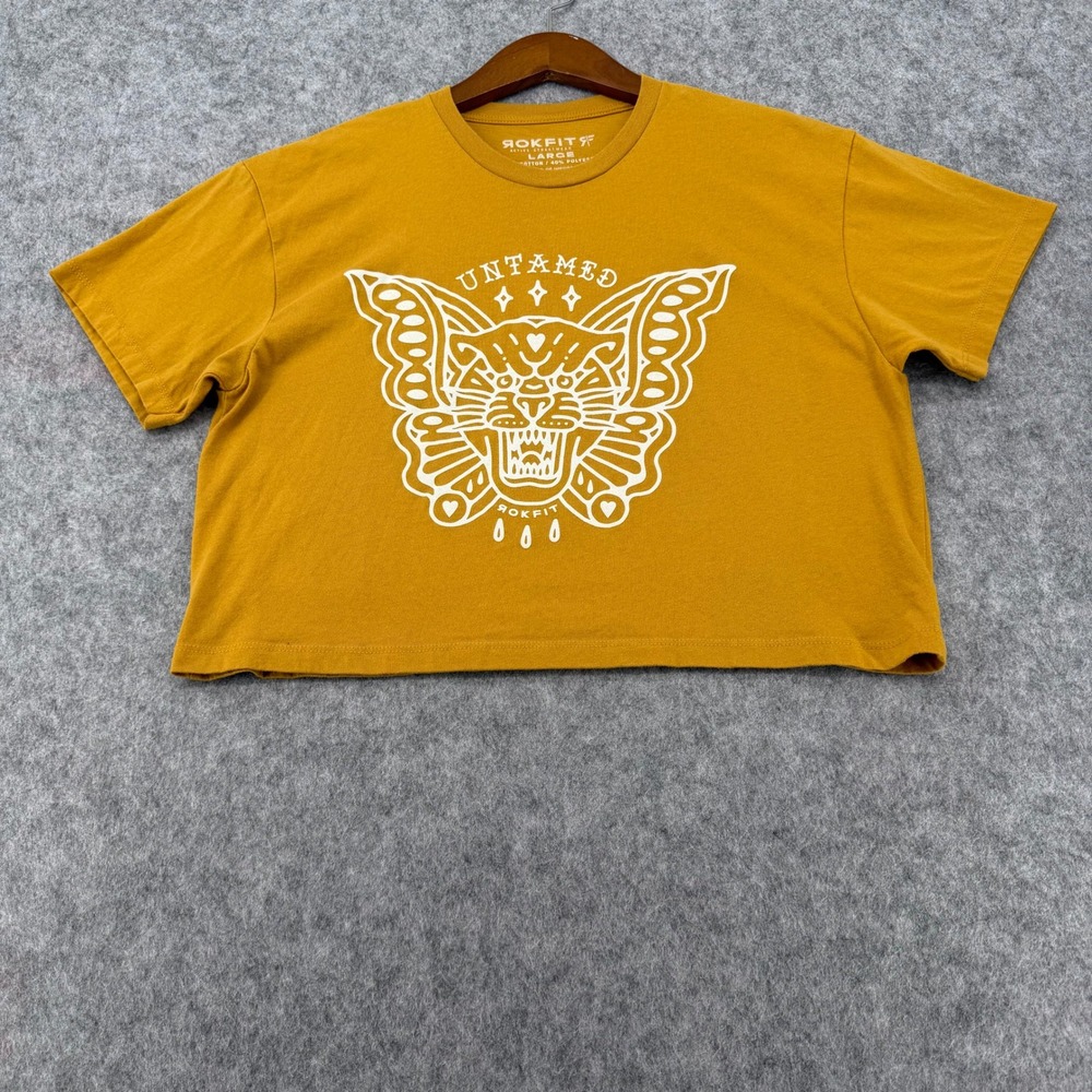 Rokfit Untamed Tiger Butterfly Graphic Crop Top Mustard Yellow Large